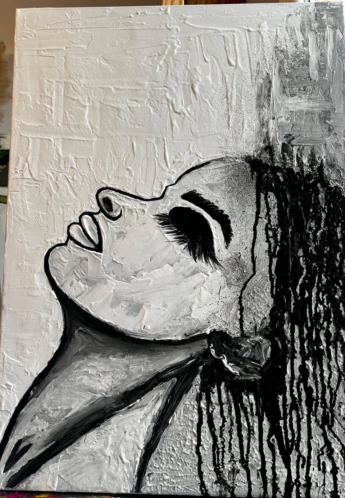 Silence en noir et blanc — Acrylique et relief sur toile de Moufida Benkhalifa