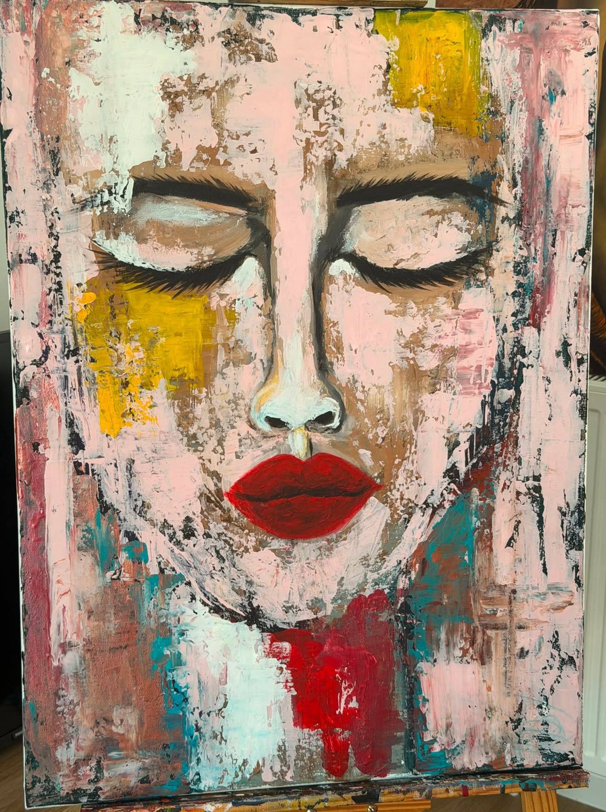 Lèvres carmin — Acrylique au couteau sur toile de Moufida Benkhalifa